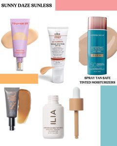 Flat lay of top 5 spray tan-safe tinted SPF moisturizers including EltaMD, ILIA, Saie, Tower 28, and Colorescience—best sunless tan-friendly skin tints for glowing protection