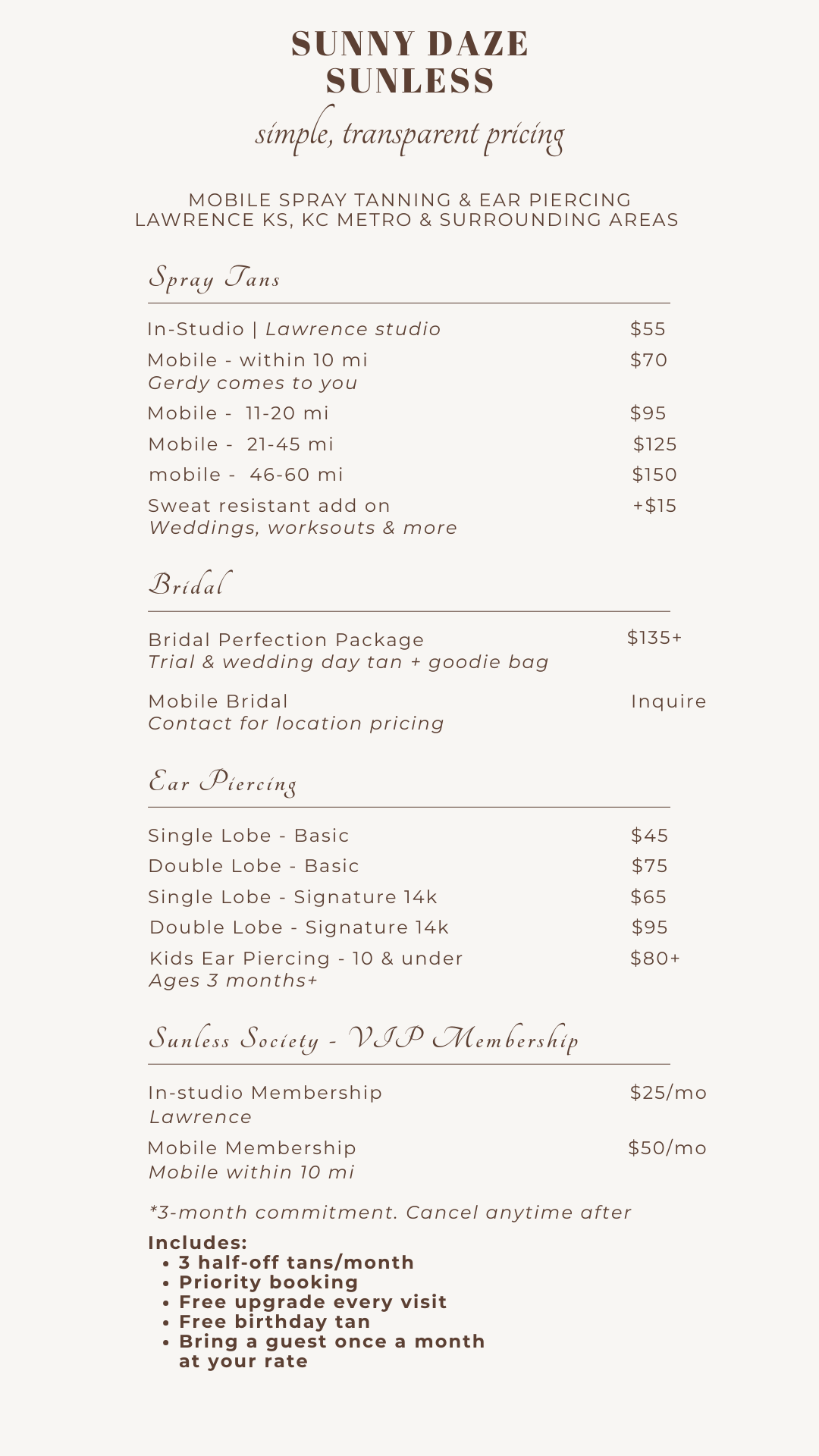 Sunny Daze Sunless pricing guide — mobile spray tanning and ear piercing services in Lawrence KS and KC metro