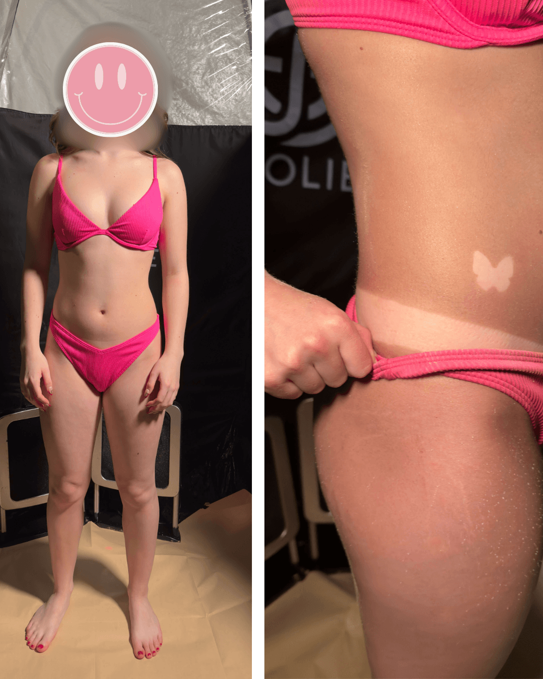 Female spray tan before and after results — custom bronze by Sunny Daze Sunless, Lawrence KS