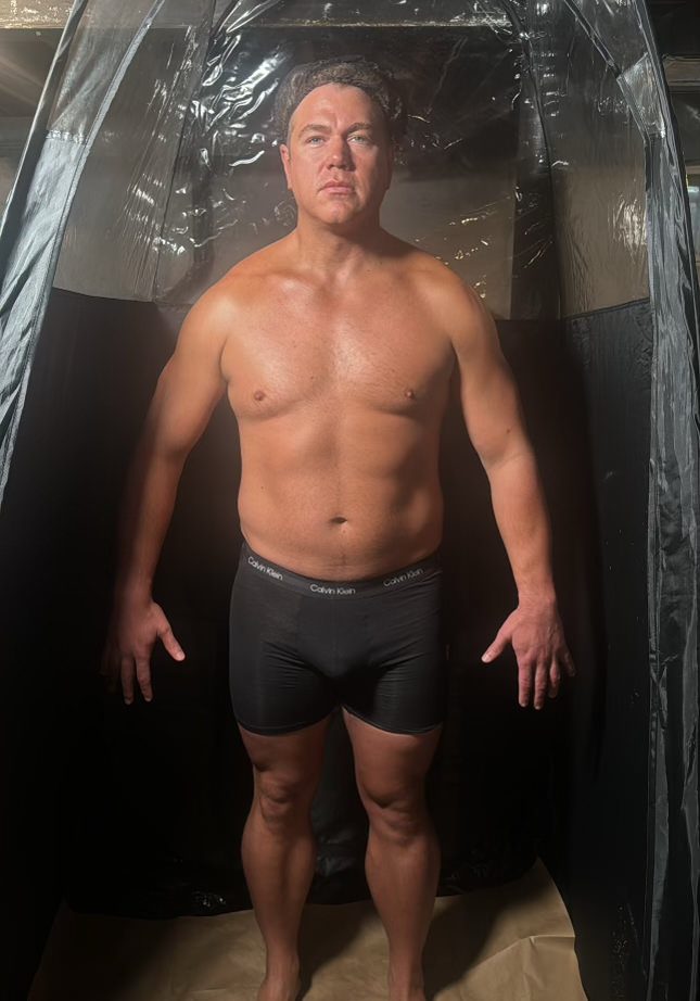 Male client immediately after custom spray tan application by Sunny Daze Sunless in Lawrence, Kansas