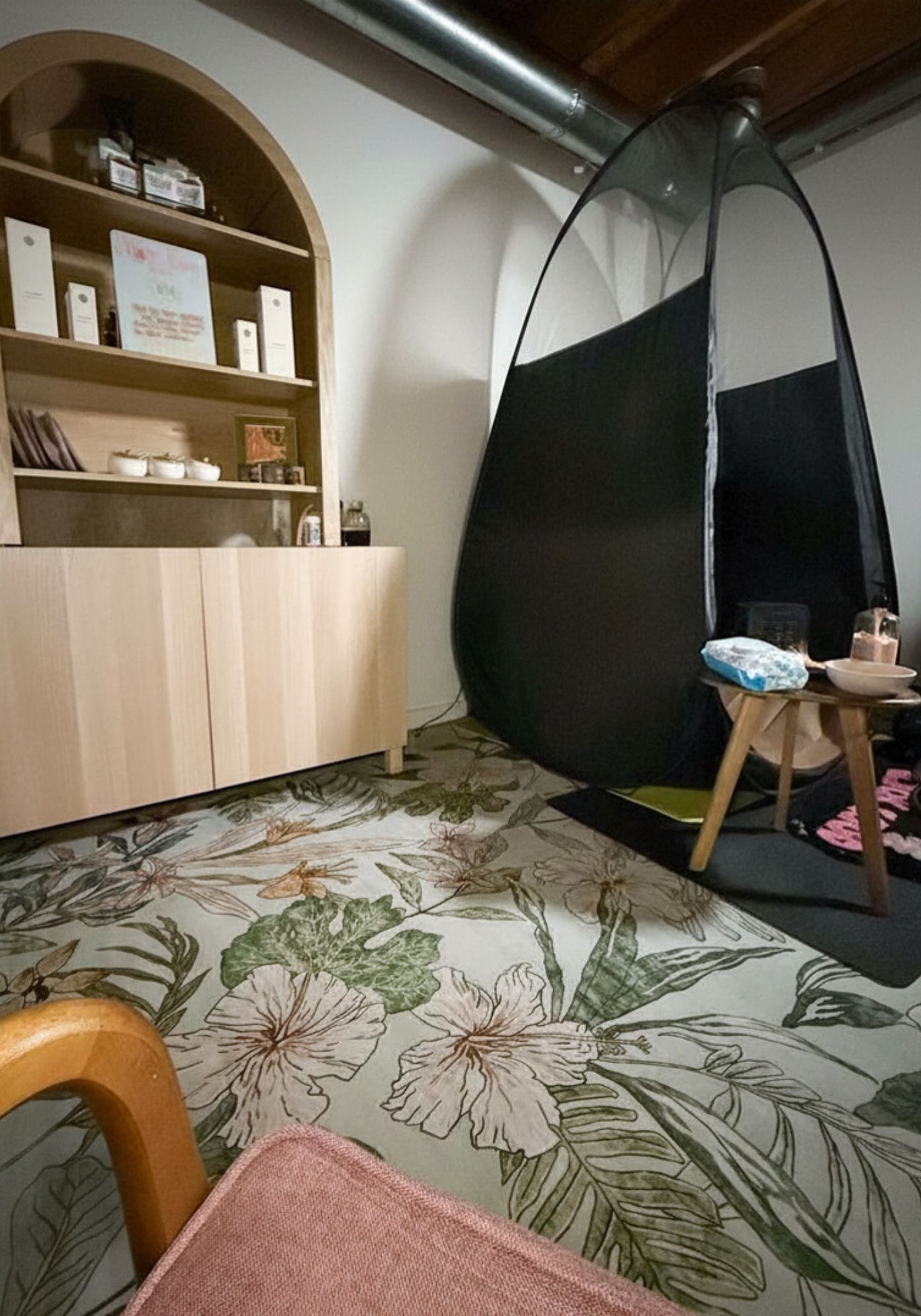 Private in-studio spray tan room at Sunny Daze Sunless - custom spray tanning studio in Lawrence, KS