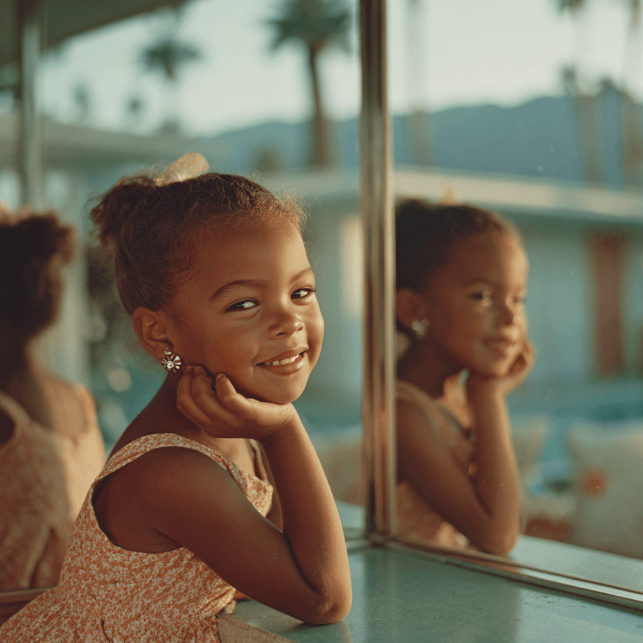Little girl smiling with new stud earrings after gentle ear piercing at Sunny Daze Sunless in Lawrence, Kansas